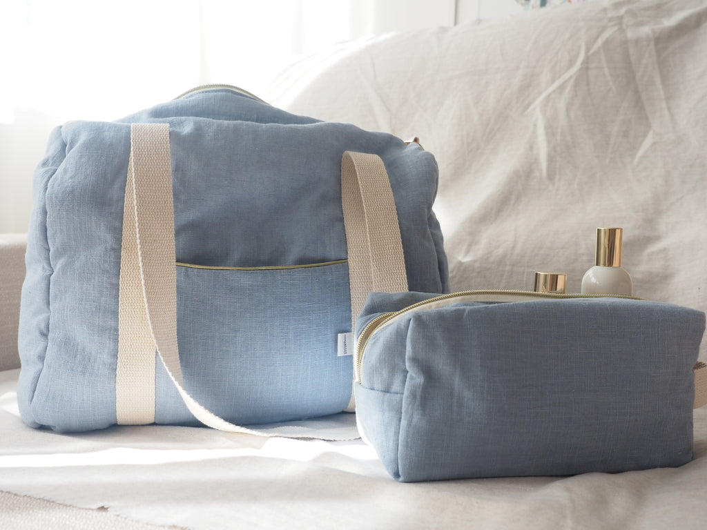Bolsa de maternidad de lino con neceser a juego, hecha a mano