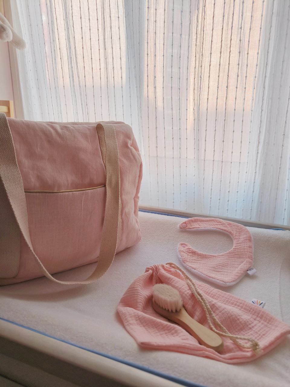 Bolsa de maternidad de lino personalizada, cosida a mano