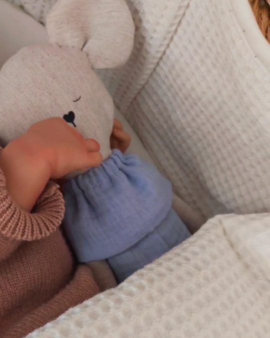 Bebé abrazando al ratoncito de peluche en la cuna